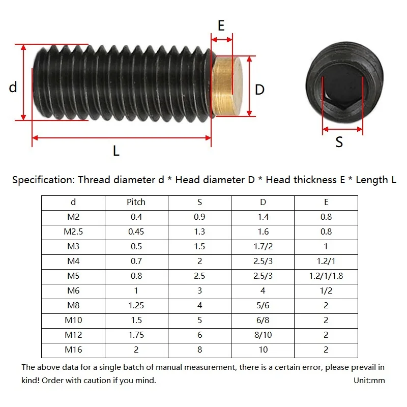 M6 M8 M10 M12 M16 12.9 Grade High-Strength Brass Tip Dog Point Grub Convex Headless Bolt Hexagon Socket Set Screw