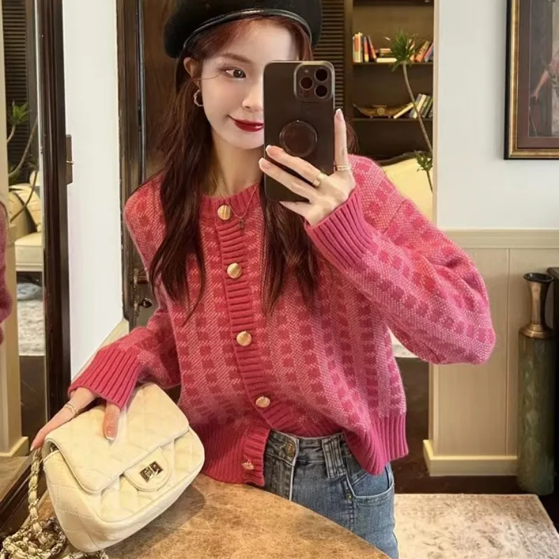 

Soft Cozy ort Knitted Sweater Women's Spring Autumn High Sensation Lazy Plaid round Ne Single Button Long Sve Cardigan