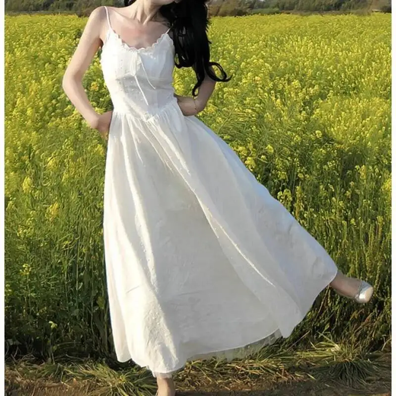 

French Style Strapless Summer New Small Size Countryside Fresh Love Waist Cinched White V-Neck Mini Dress