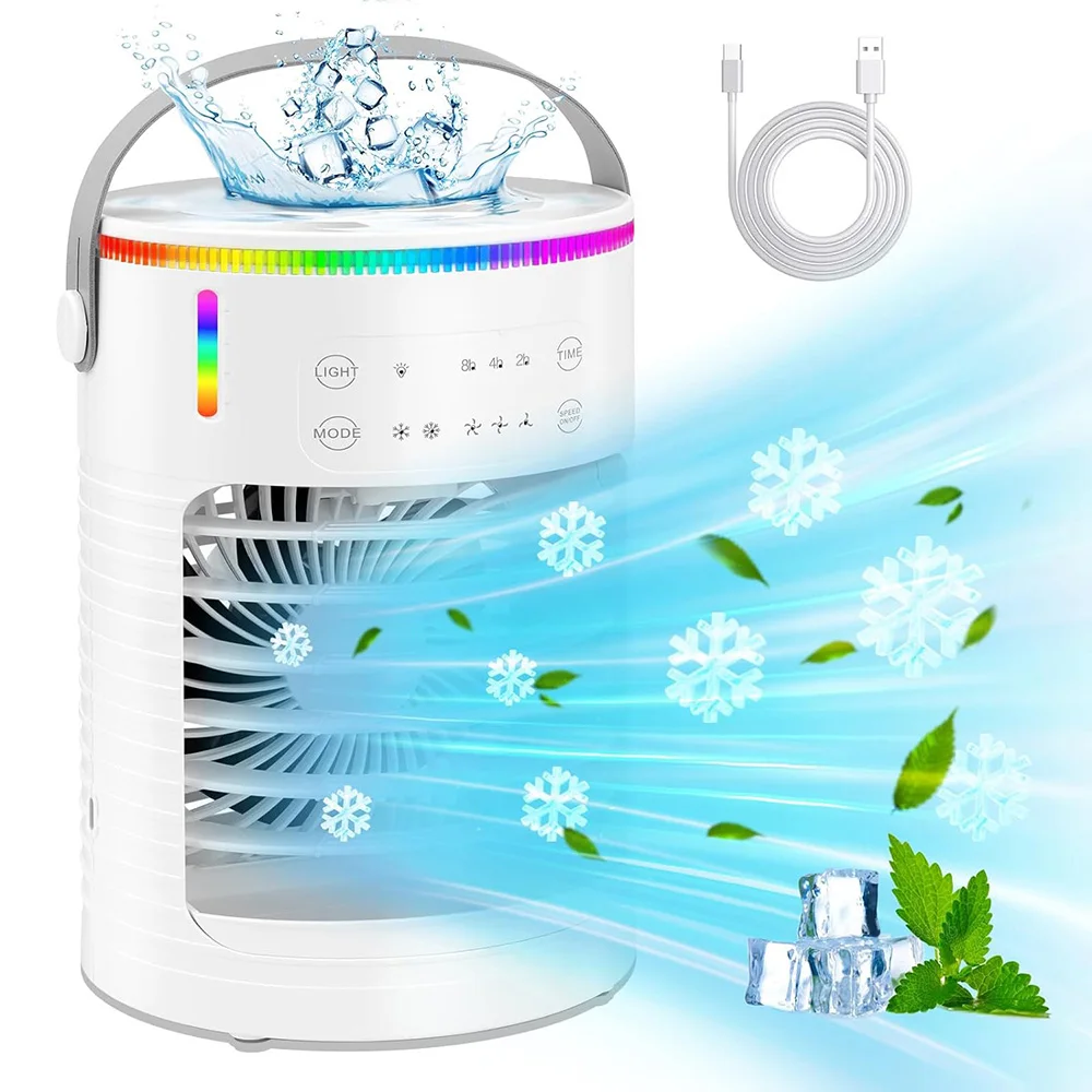 

4-IN-1 USB Mini Portable Air Conditioner Fan 3 Speed Evaporative Air Cooler LED Light Timer 600ml Tank Personal Cooling Desk Fan