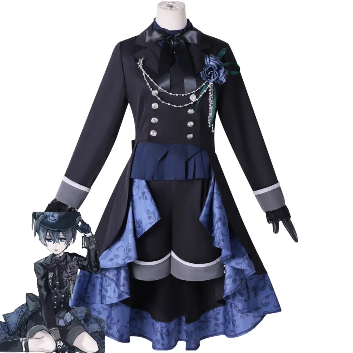 Kostium Cosplay XqAnime Ciel Phantomhive Smile, Czarny Smoking z Różą, Płaszcz, Uniform, Peruka, Męski Damski Strój Karnawałowy Świąteczny
