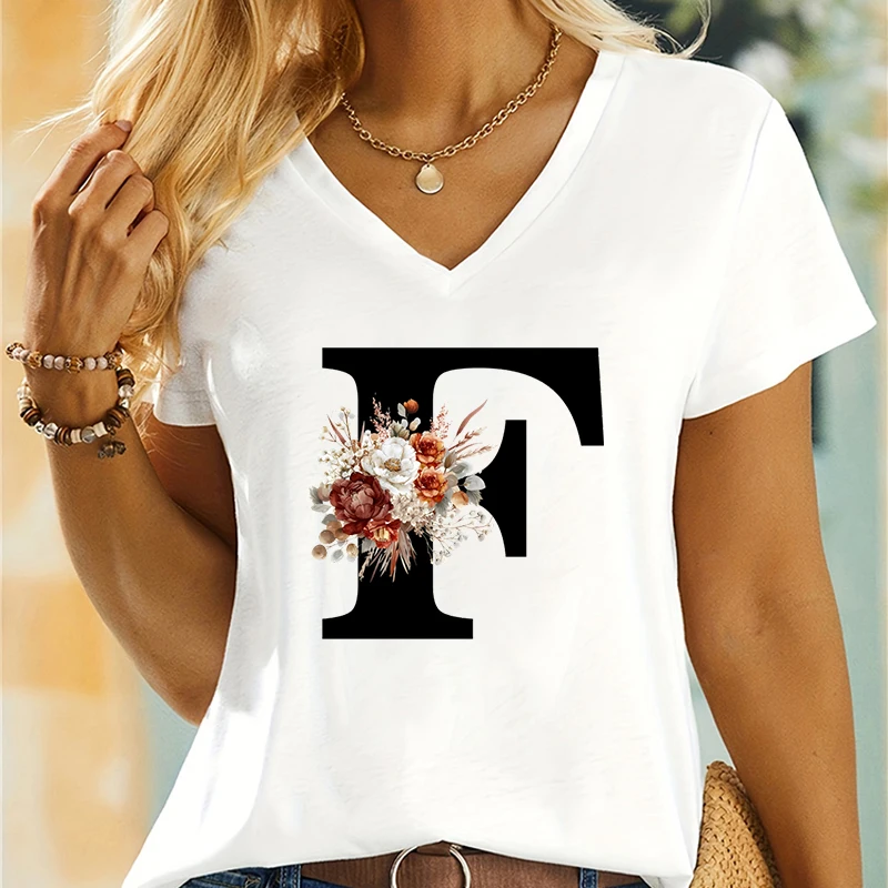 English Alphabet Essential Classic Tops Woman A-Z 26 Alphabet Flower Plants T-shirt Female Vintage Flower Initials Woman T-shirt