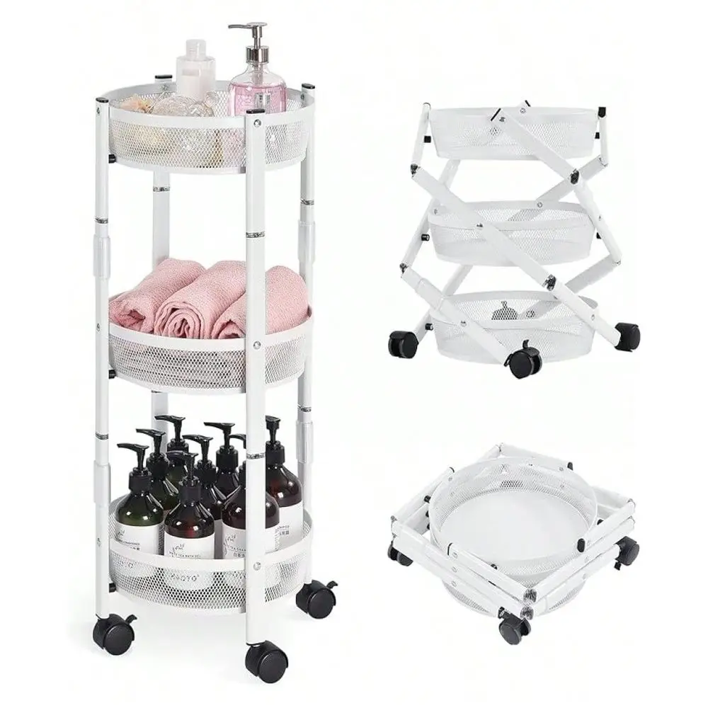 

3Tier Foldable Rolling Cart, Collapsible Metal Utility Cart With Wheels, No Assemble, Multifunction Storage Organizer Trolley F
