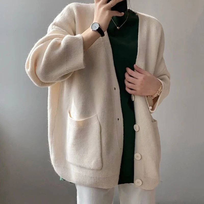 

Solid Basic Knitted Women Cardigan Korean Loose Lazy Style Female Knit Sweater Autumn Preppy V Neck Single Breasted Jumper New