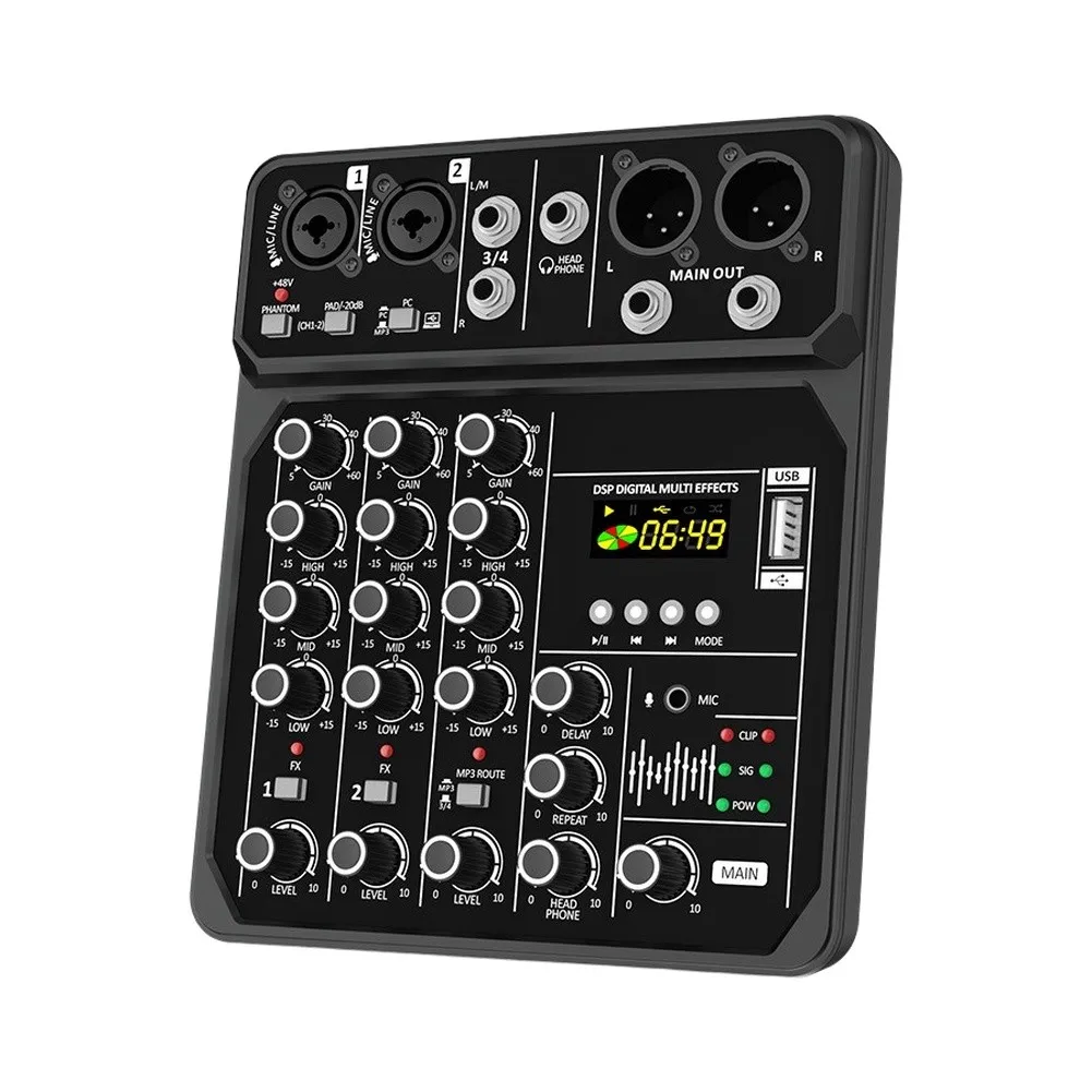 Portable 4-Channel Audio Mixer With 48V Support For Outdoor Shows And Music Production In Black ABS Build