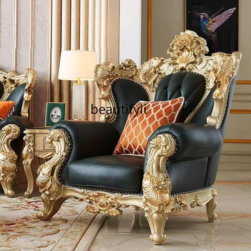 

European Style Pisces Carved Sofa American Palace Living Room Set Imported Top Layer Genuine Leather Gold-Embossed Sofa