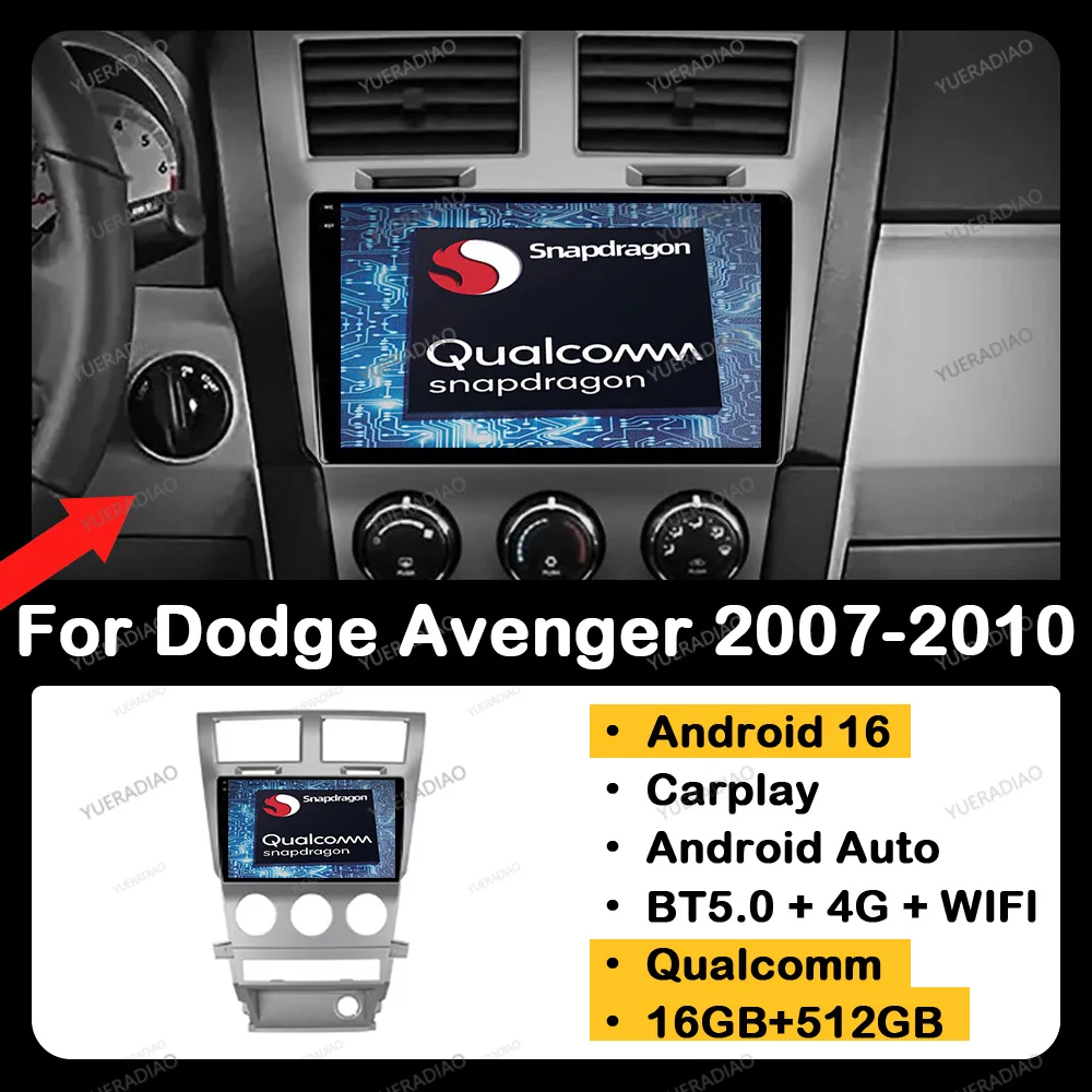 Radio con GPS para Auto Android 16 para Dodge Avenger JS 2007 - 2010, para Dodge Nitro 2006 - 2011, Reproductor Multimedia con Pantalla QLED 2DIN