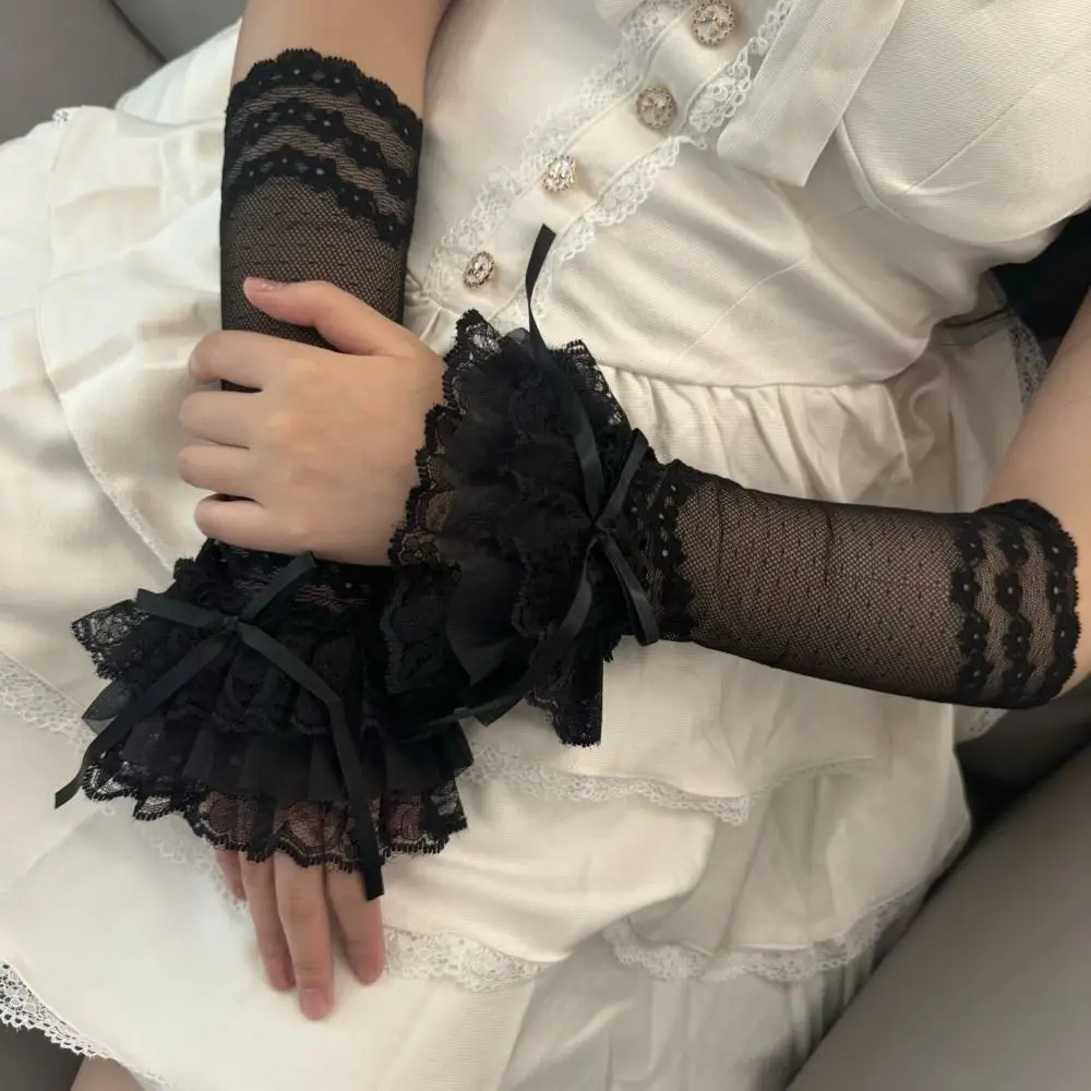 Hollow Out Lace Fingerless Gloves Bowknot Elastic Yarn Lace Arm Sleeves Ruffle Trim Long Hand Sleeves Women Clothes Accessory