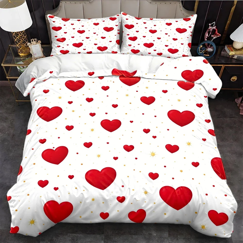 3Pc Heart-Printed Duvet Cover Set, Three-Piece Bedding Set (1*Duvet Cover + 2*Pillowcases), Suitable for All Seasons, Machine Washable, with Invisible Zipper, Large Double Bed Cover, Suitable for Home, Dormitory, Master Bedroom, Guest Room, Romantic Red Heart and Star Pattern, Skin-Friendly and Comfortable Bedding Set, Stylish and Cozy Bedding Set, 2D Flat Print