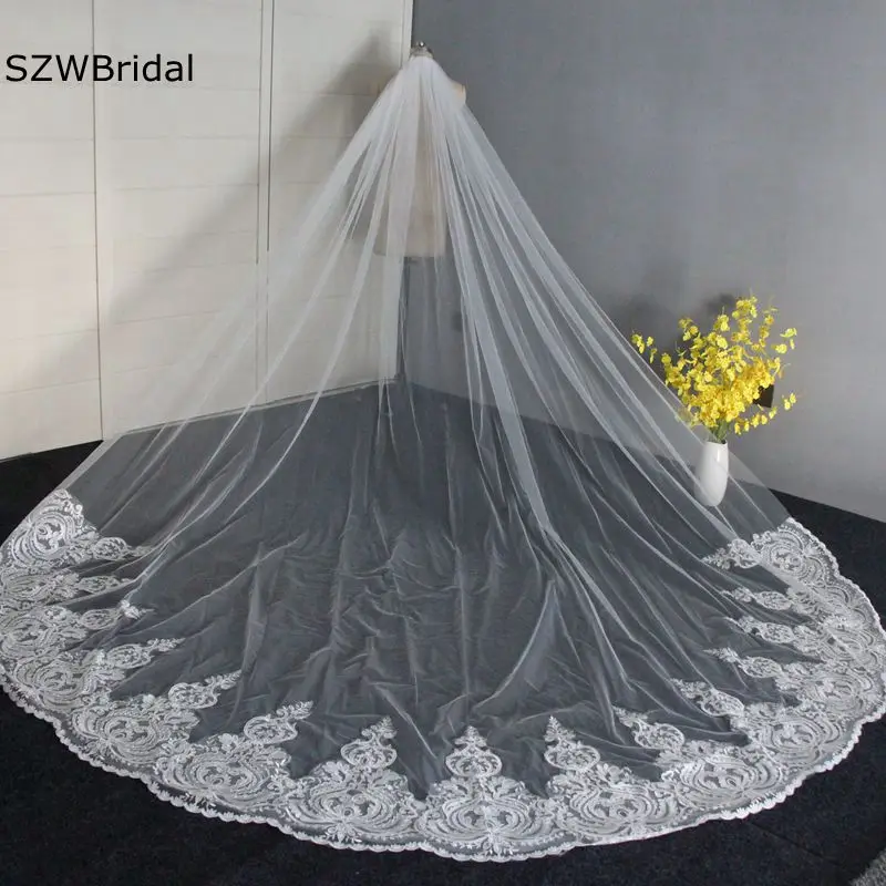 Elegant White Ivory Cathedral Wedding Veils Lace Appliques Beaded Bridal headwear Welon Casamento Bridal Veil Veu de noiva