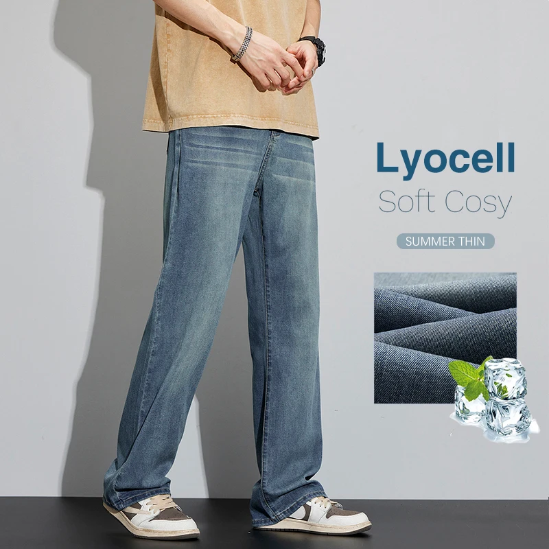 2024 Summer New Thin Men's Straight Jeans Lyocell Soft Fabric Loose Trousers Classic Style Fashion Denim Casual Pants Male