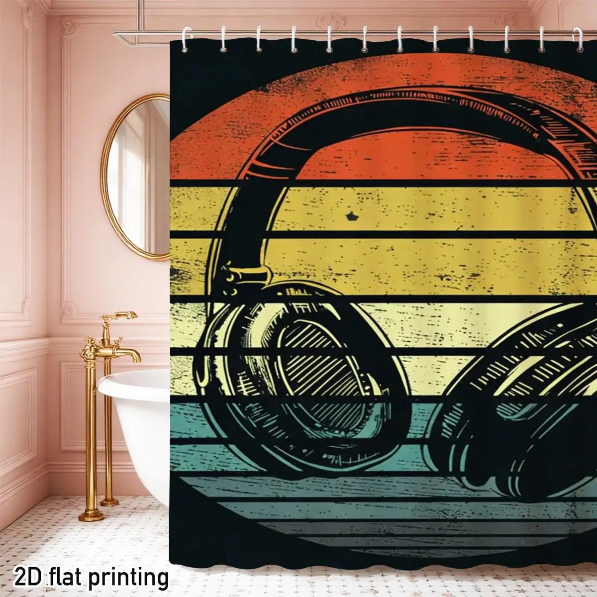 

Vintage Headphones Shower Curtain, Retro Music Audio Pattern, Grunge Rainbow Stripes, Waterproof Bathroom Decor, DJ Gift Idea