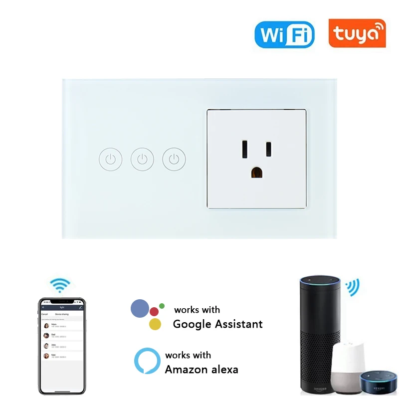 

US Wifi 16A Smart Tuya Light Switch Intelligent Wall Socket American Mexico Plug Outlet Glass Panel Control by Alexa Google Home