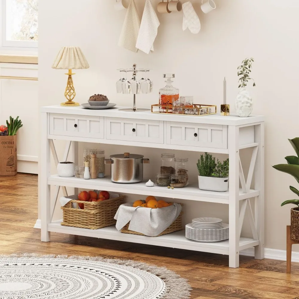 Mesa de console de fazenda com 3 gavetas: mesa de sofá de entrada de madeira e metal para sala de estar e corredor em estilo moderno