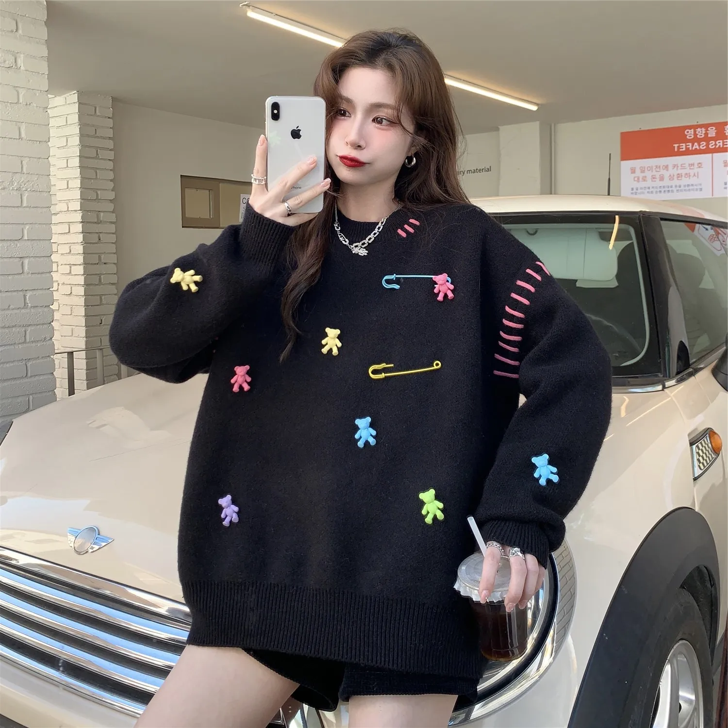 Harajuku Korean Kawaii Sweater Rainbow Bear Pin Cartoon Jumper Pullover for Girls Autumn Winter O-neck Loose Preppy Students Y2K