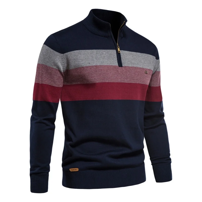 Autumn Winter Men's Fashion Color Matching Half Zipper Sweater Casual Standing Collar Striped Patchwork Pullover Knitwear