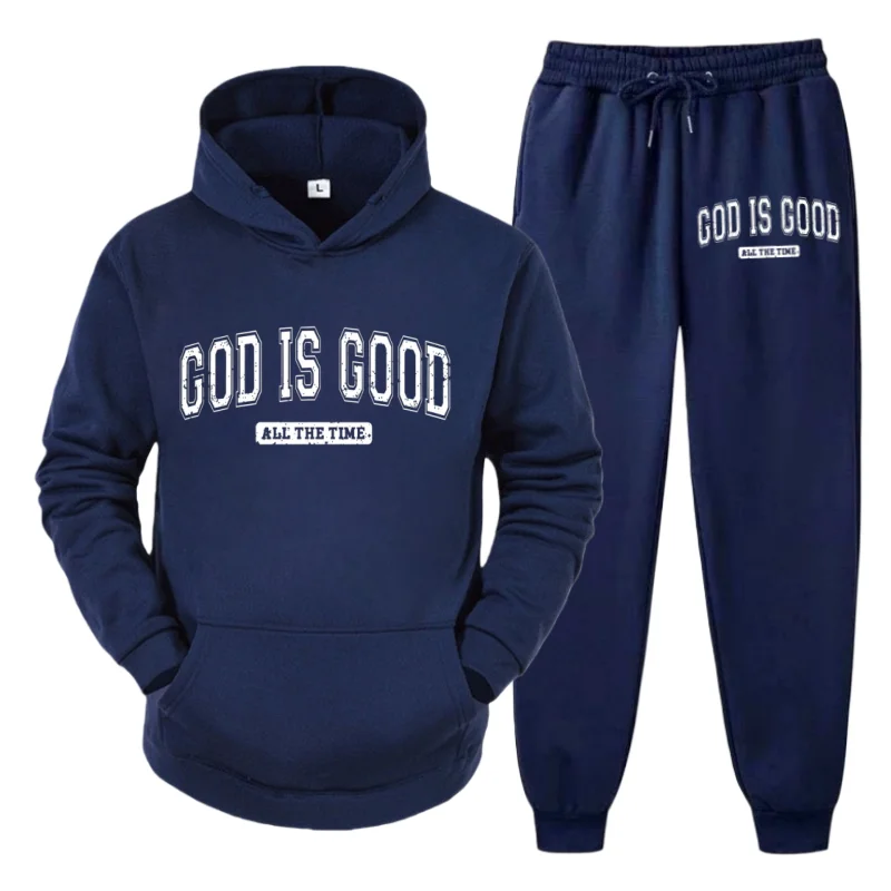 

2025 Trend Men's Set – Hoodie & Pants with "God Is Good All The Time" Print, New Fashion Fleece Sportswear Two-Piece