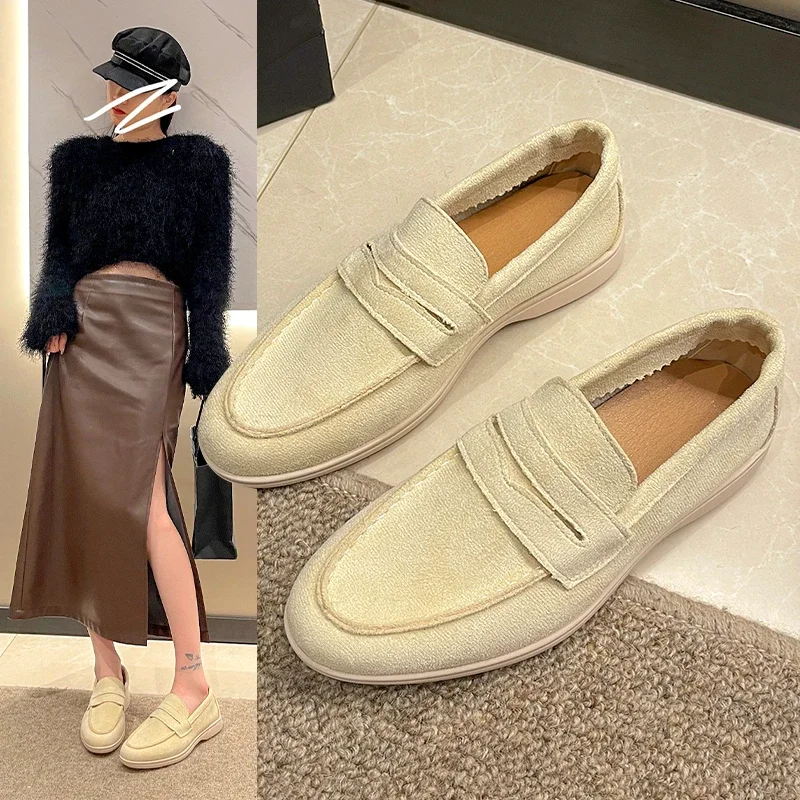 Women Flat Shoes Khaki Suede Summer Walk Shoes Slip-on Lazy Loafers Causal Moccasin Comfortable Mules Driving Shoes 2024