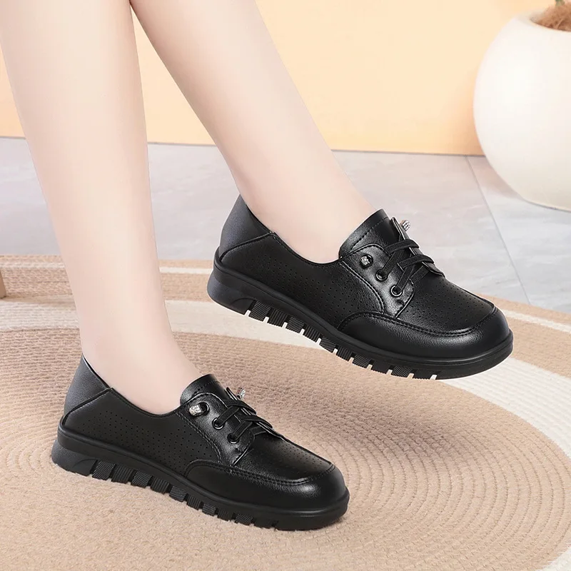 White Breathable Hollow Out Loafers For Women With Elastic Lace-Up Design And Soft Non-Slip Sole Comfortable Casual Mom Shoes Fo