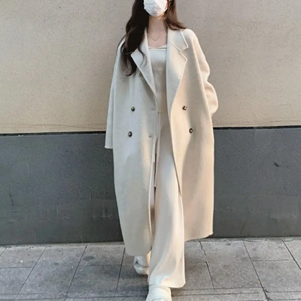 Women Loose Jacket Stylish Women's Double-breasted Trench Coat with Lapel Windproof Warm Mid Length Overcoat for Fall Winter