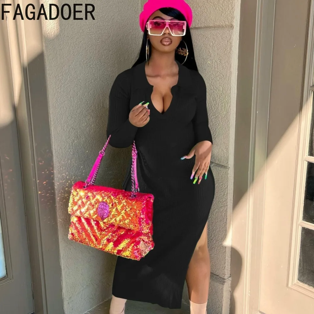 

FAGADOER Sexy Deep V Bodycon Mid Dresses Women V Neck Long Sleeve Side Slit Dress Fashion Female Solid Color Matching Vestidos