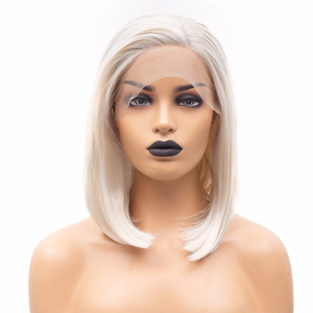 

FANXITION Platinum Blonde Lace Front Wigs #60 Blond Short Bob Straight Synthetic Wig Heat Fiber Hair Natural Looking Daily Wear