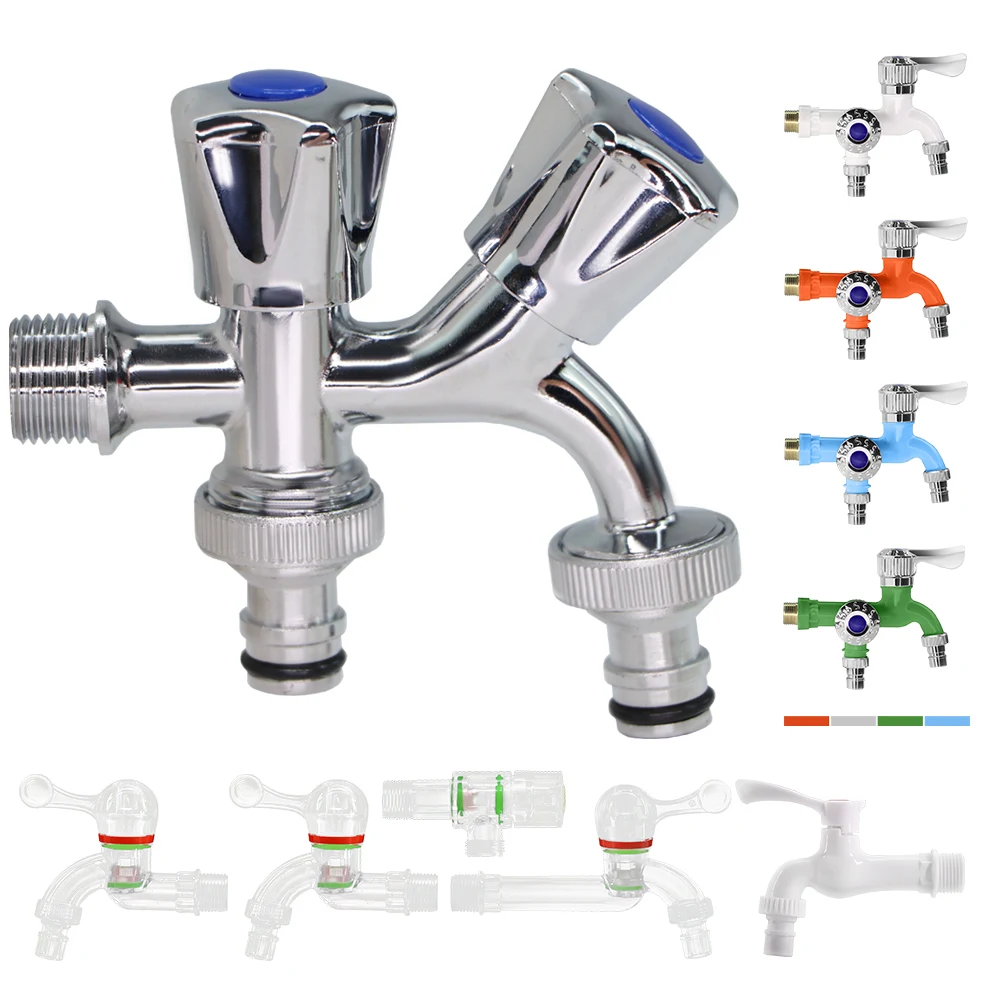 1/2'' Washing Machine Tap Wall Mount Metal Plastic Garden Water Faucet for Bathroom 2-Way Quick Open Bib Cock Connecter for Hose