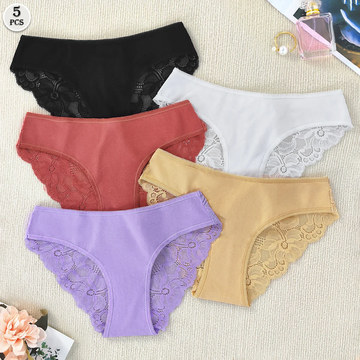 

5 шт./упак., однотонные сексуальные кружевные женские трусики с низкой талией, нижнее белье, дышащие удобные женские трусы, элегантные женские трусы с цветочным принтом