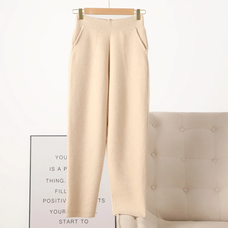 

Women's 35% Cashmere 65% Wool Elastic - Waist Thickened Solid - Color Pants with Pockets, Slim - Fit & Warm
