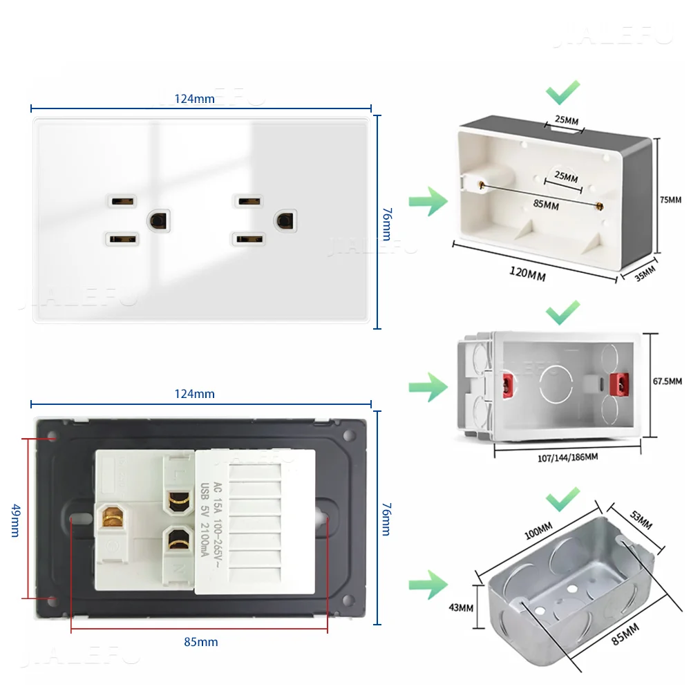 Tempered Glass Connected Panel American Standard Socket 124*76mm Wall Socket White Gray Black Gold Four Colors Optional