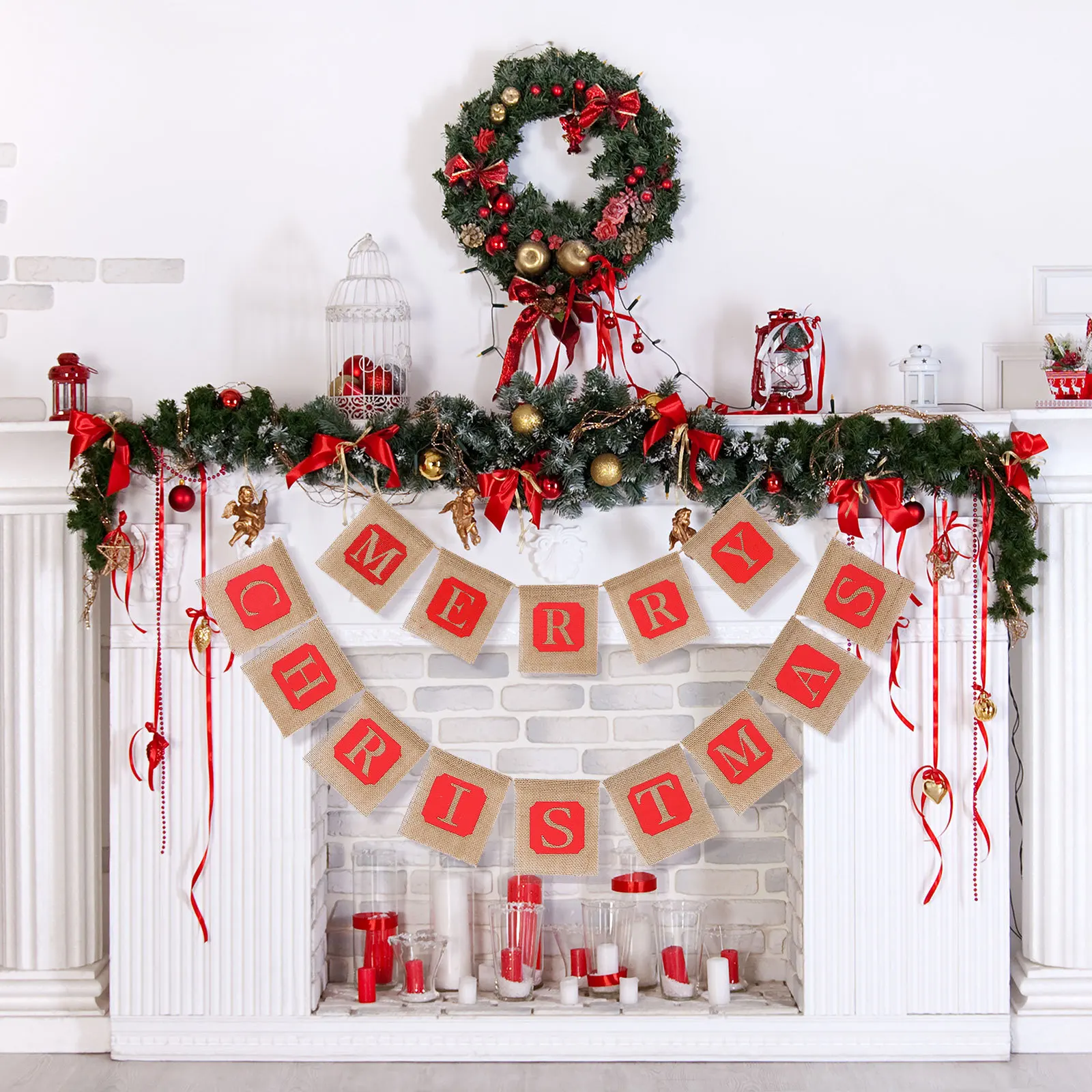 

Burlap Triangle Flags 12X14Cm Red Brown Merry Christmas Banner For Holiday Home Tree Garland Party Decorations