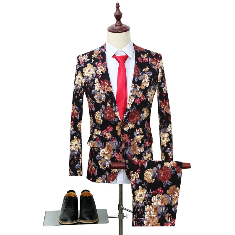 

KIDWHXR Suit Set Men Turn Down Collar Long Sleeve Blazer Man Straight-leg Pant Male Fashion Flower Printed Two-piece Outfit