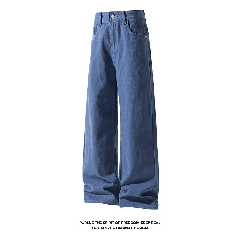 Waed Pure Cotton Wide Leg Straight Leg Men's Jeans Casual Versatile mid Waist Button Closure Spring Autumn Loose Fit