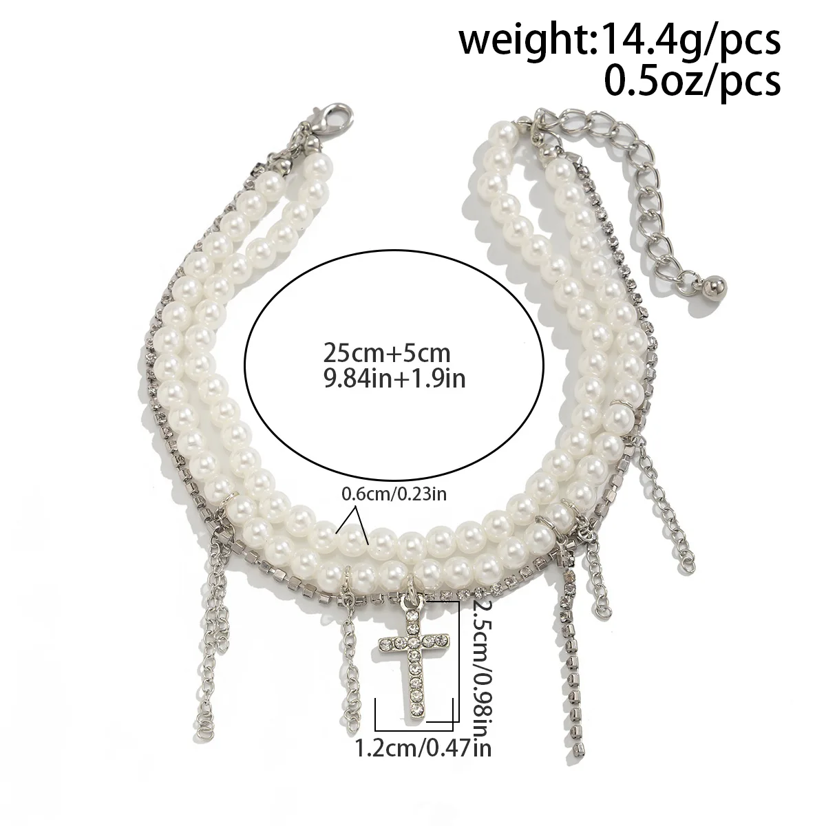 Retro Shiny Brick Inlaid Crystal Cross Pendant Pants Ankle Chain 2025 Multi Layer Sweet Imitation Pearl Girl Fashion Jewelry
