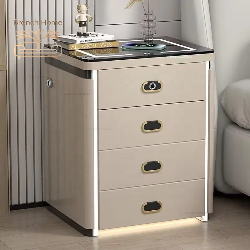 #Smart Nightstand With Glass Top Fingerprint Lock Wireless Charging LED Ambient Light 4 Drawer Storage forBedroom Home Furniture
