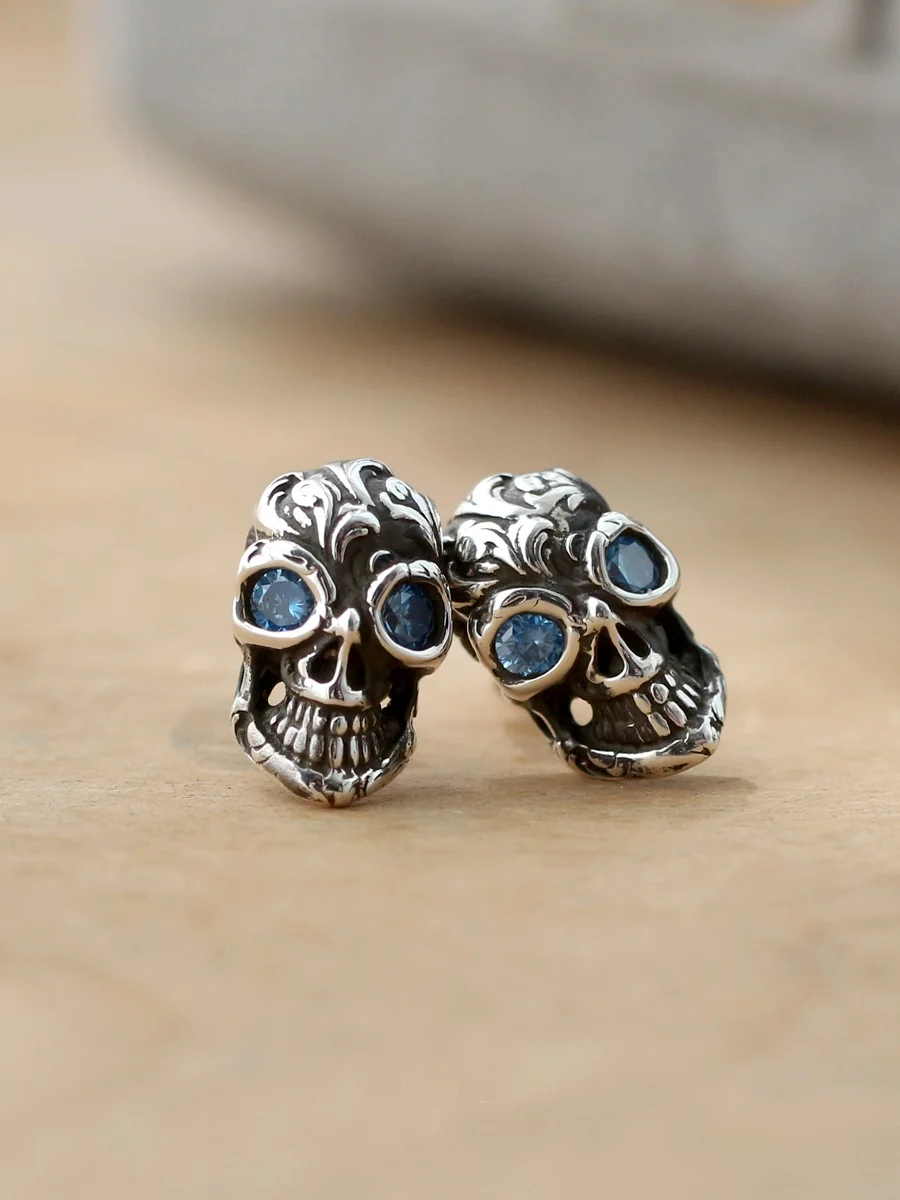 

S925 Sterling Silver Skull Earrings Steam Punk Design Unisex Retro Fashion Jewelry Handmade Craft Elliptical Shape Ear Jewelry
