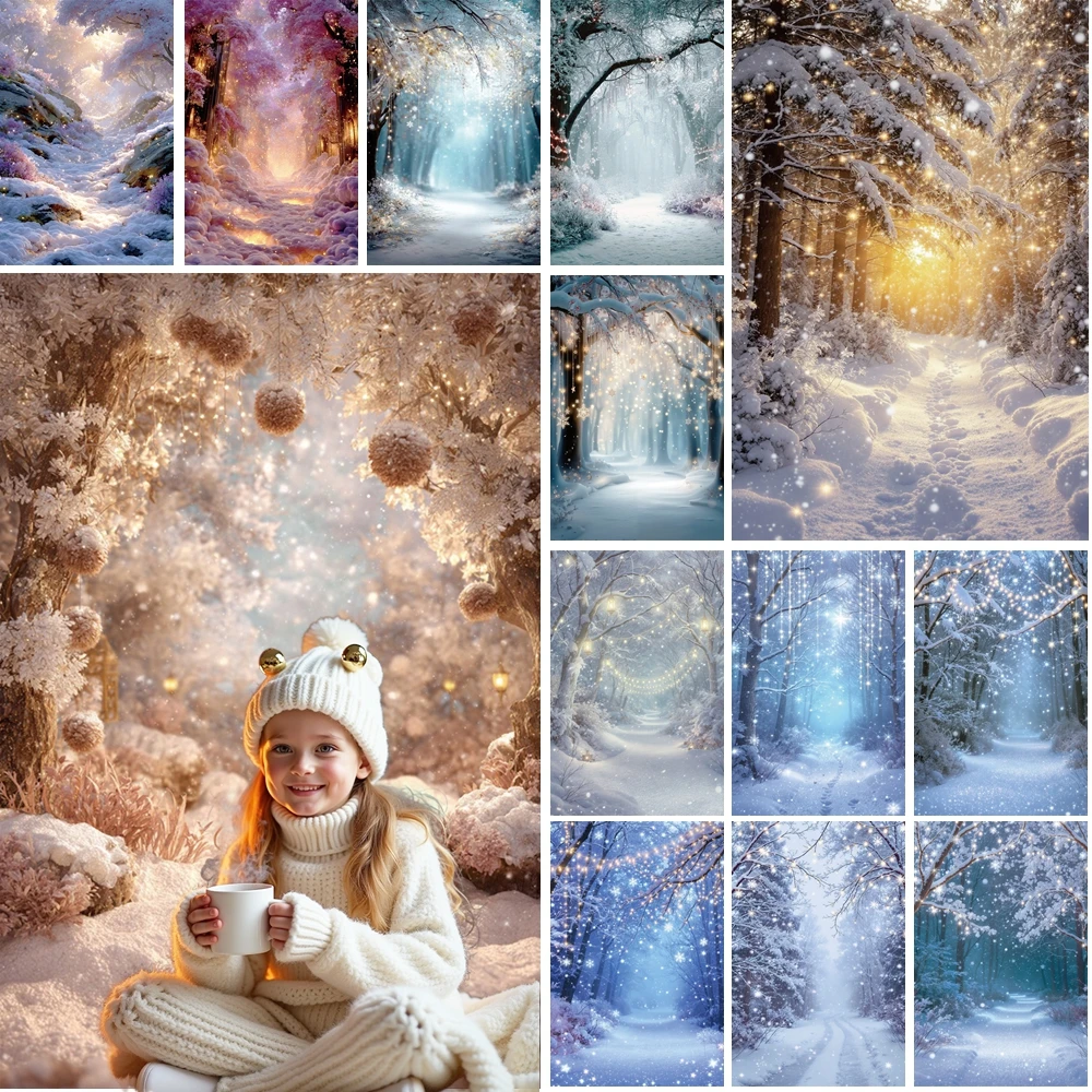 

MOON.QG Whimsical Snowy Forest Photography Background Lantern Christmas Floral Bulbs Backdrop Accessories Portrait Studio Decor