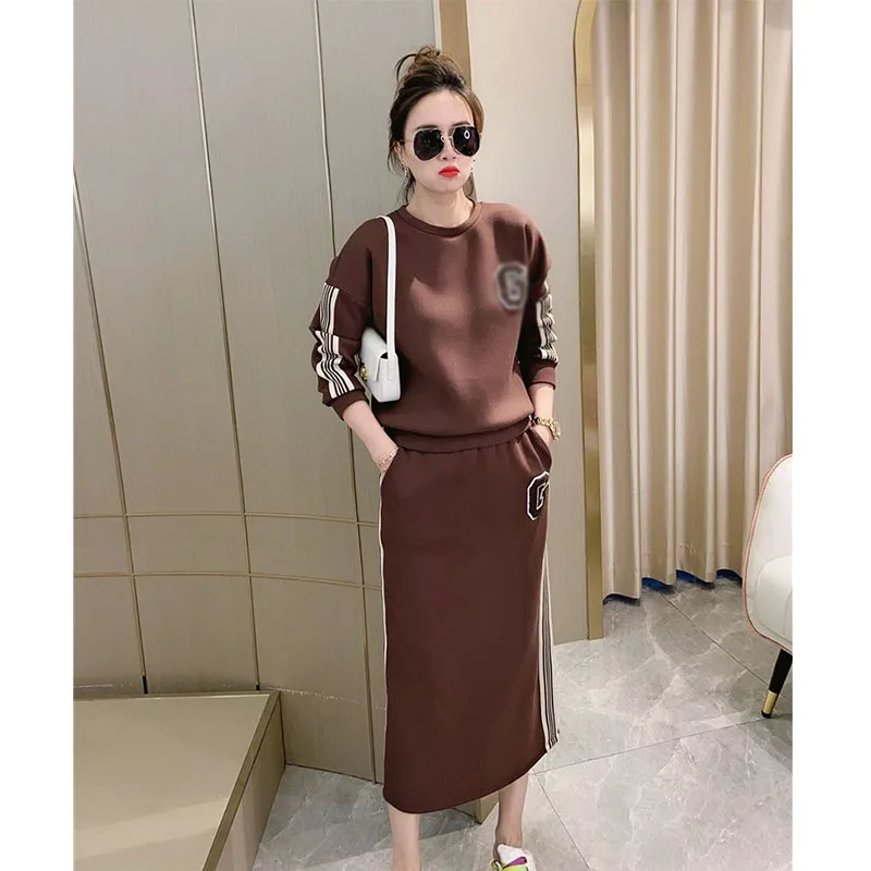 2024 Autumn and Winter New Fashion Letter G Ribbon Splicing Loose Hoodie Half Skirt Sports Set Two-piece Set Clothes for Women