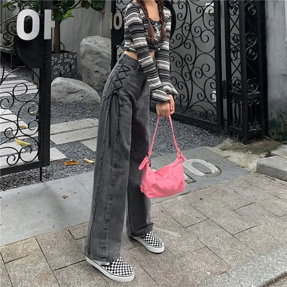 Fashion High Waist Baggy Jeans Aesthetic Flare Wide Leg Pants Lengthening Tie Straps Casual Trousers Summer