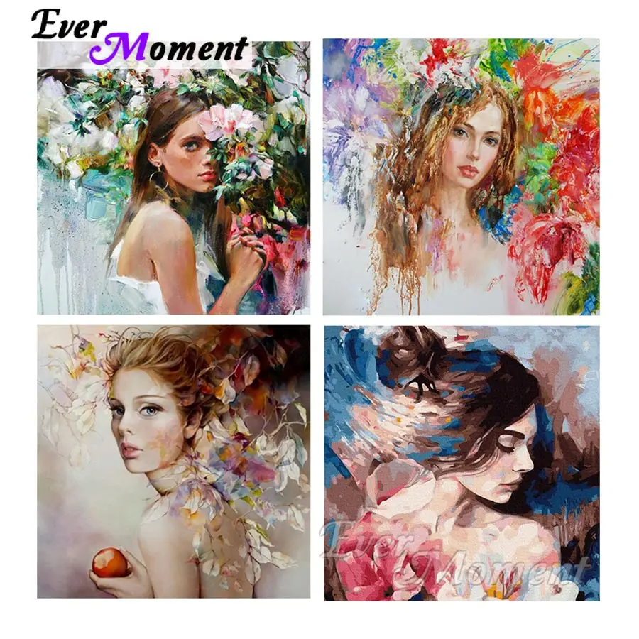 

Алмазная картина Ever Moment, красота, девушка с красочным цветком, полная квадратная круглая смола, сверла, мелованный клей, художественная вышивка ASF2409