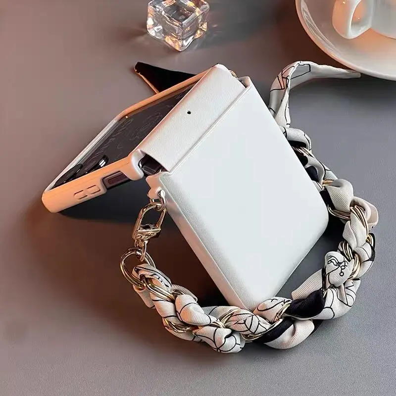 Fashion Cute Full Protection Hinge Case For Samsung Galaxy Z Flip 7 FE 6 5 4 3 5G Cover With Flower Hand Chain Of Silk Scarve