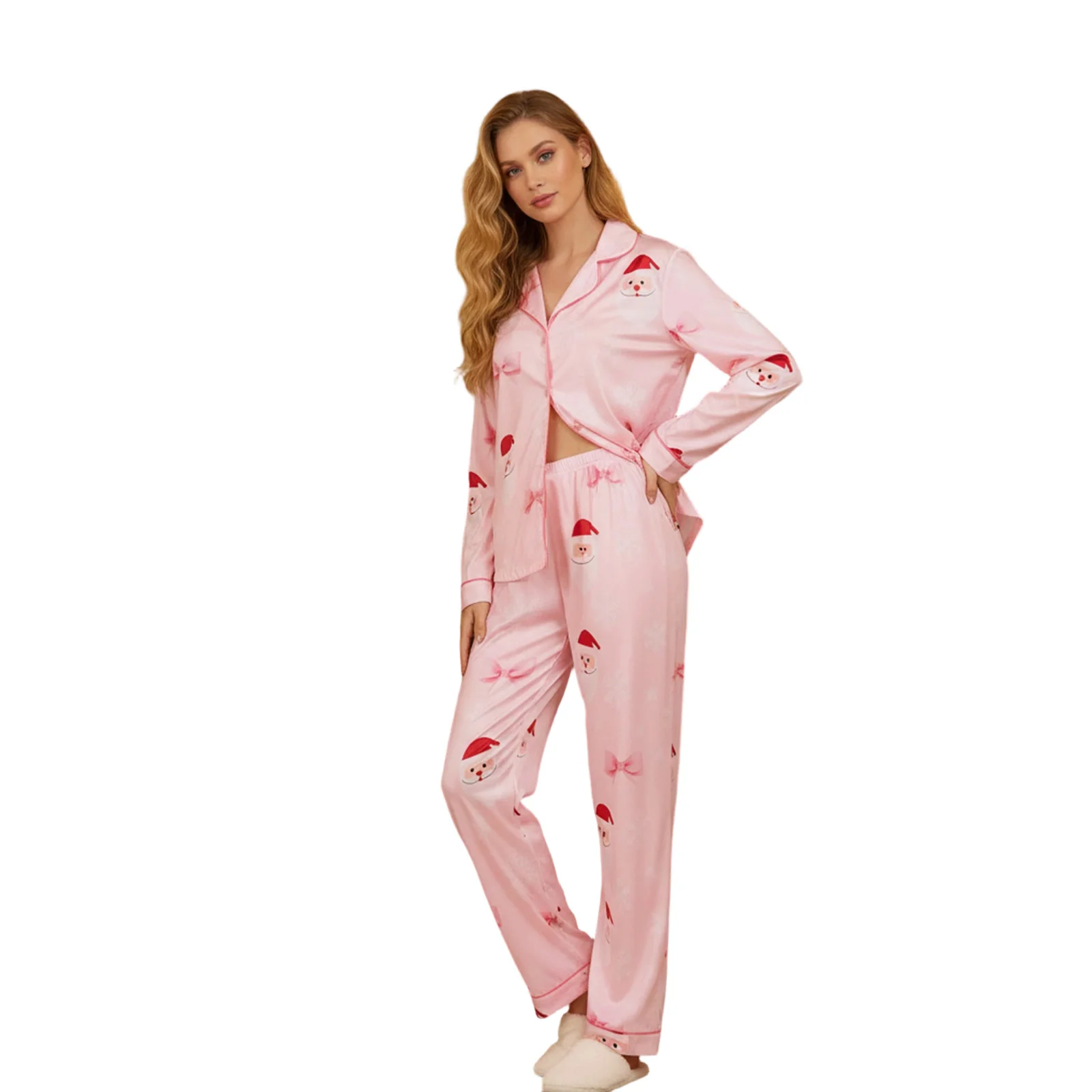 

Women’s Two Piece Christmas Pajamas Set Long Sleeve Button Shirt and Pants Lounge Outfit
