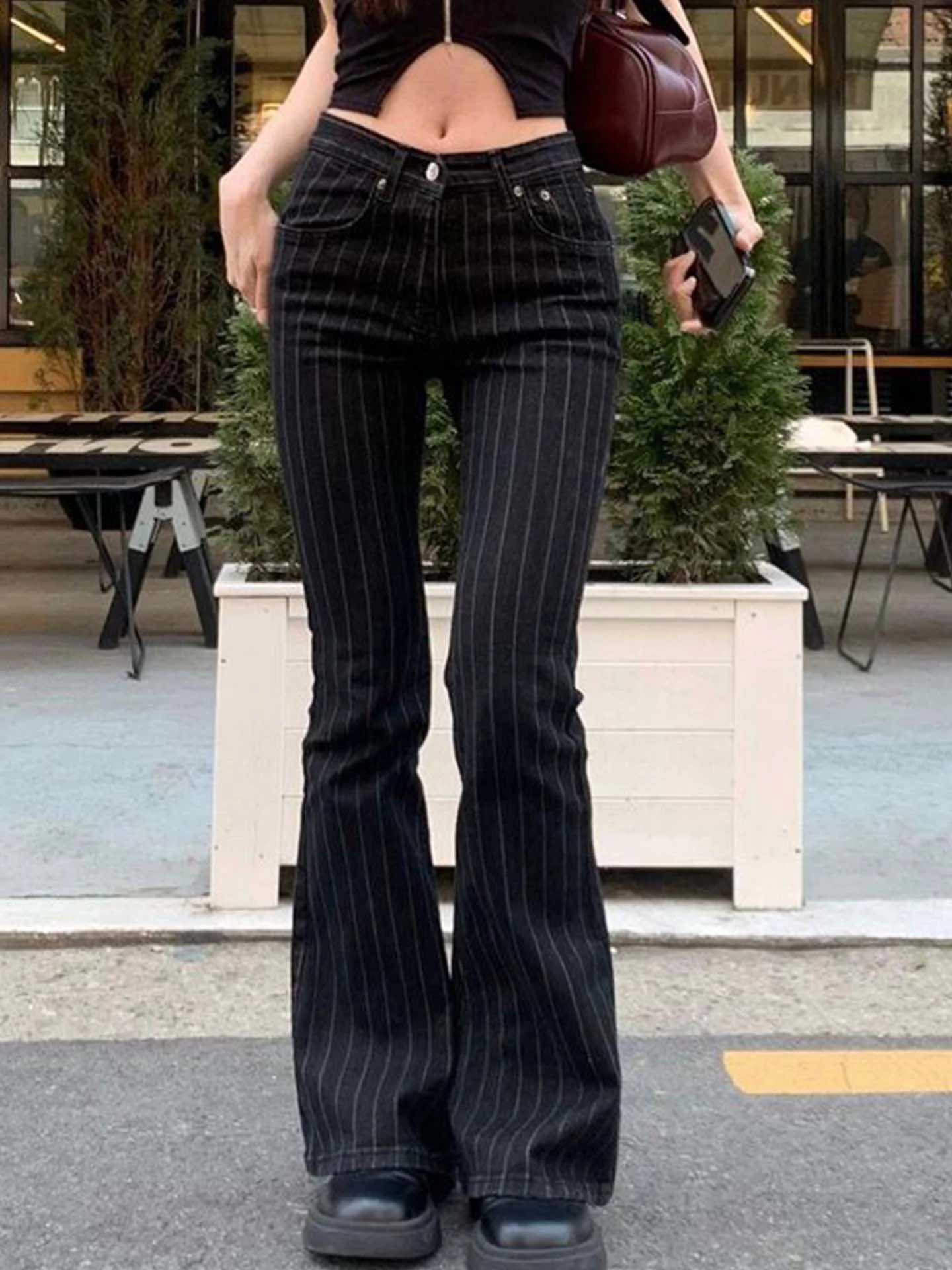 

Женские повседневные брюки-клеш с низкой талией, облегающие, эластичные, в черную полоску, весенние, новые, в стиле ретро