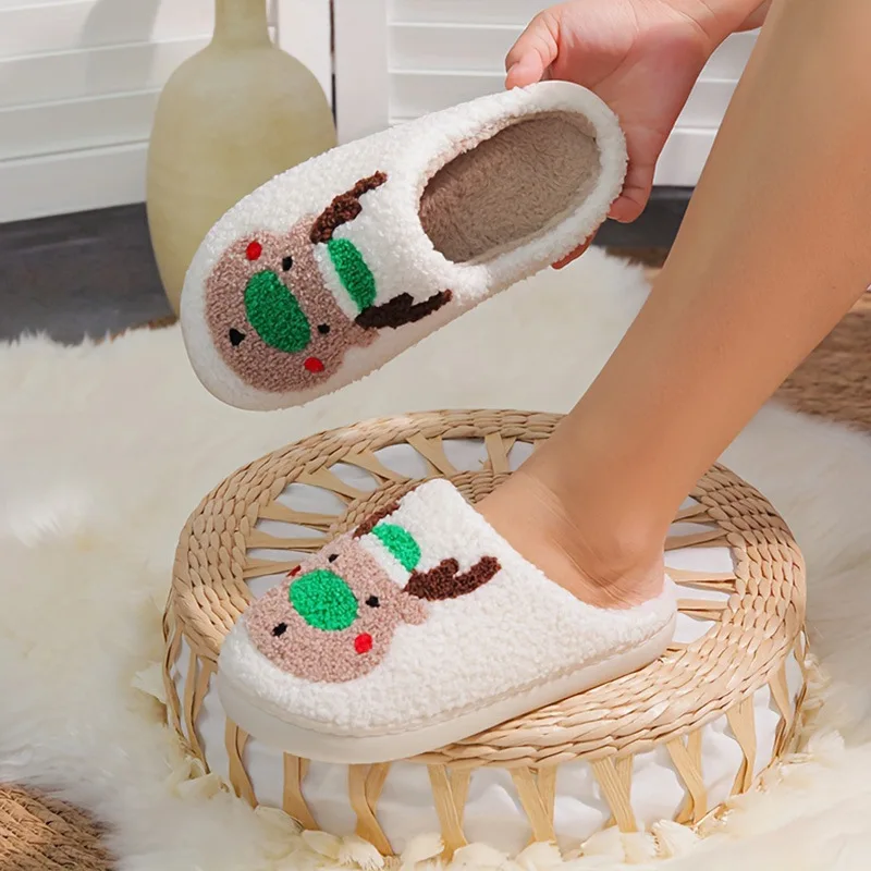 New Christmas Slippers Women Cute Cartoon Elk Slippers Indoor House Shoes For Men Couples Cotton Slides Thick Plush Footwear