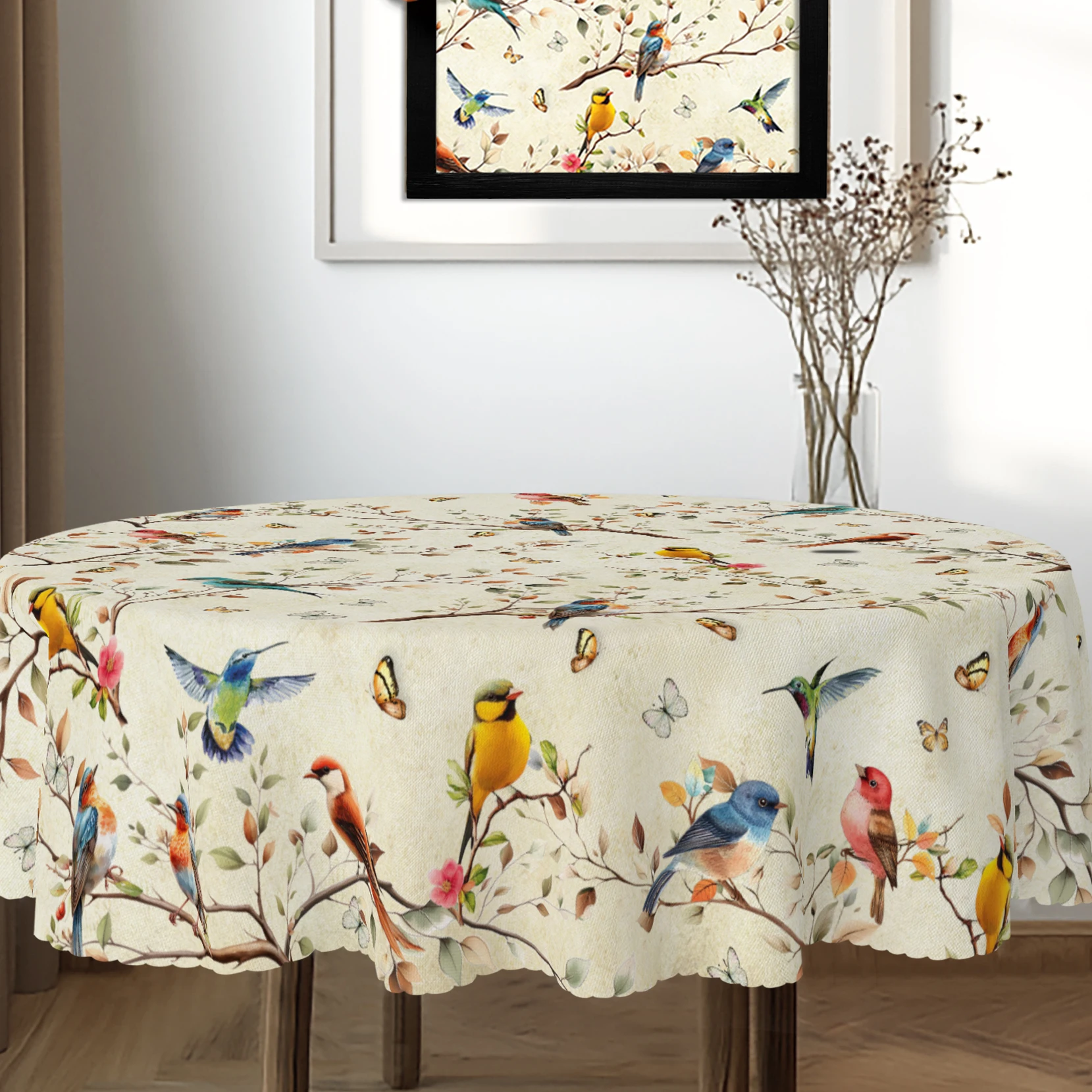 1 Piece of Round/Visect Retro Autum Bird Polyester Tablecloth + 4Pcs Self-Adhesive, Bird Pattern Tablecloth, Various Birds Standing on Branches, Butterfly Print Pattern, Suitable for Home Kitchen, Living Room Dining Table Balcony Coffee Table, Holiday Table Decoration Tablecloth, Outdoor Picnic Decoration, Coffee Table Top Decoration Tablecloth, Perfect Holiday Gift, Spring, Summer and Autumn and Winter Decoration Tablecloth