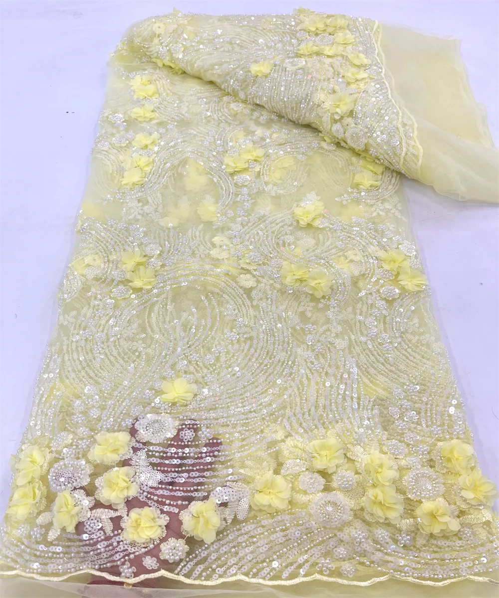 2024 High Quality Sequins Lace Fabric Groom 3D Embroidery Beaded Nigerian French Tulle Lace Material for Wedding Dress