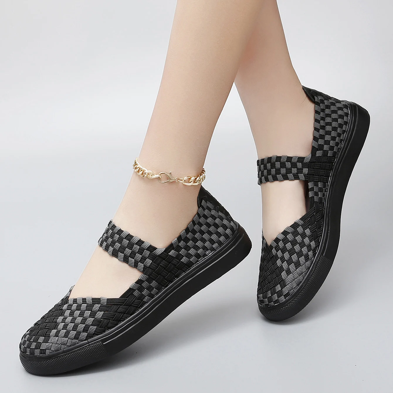 Size 42 Women Knitted Flat Shoes Breathable Soft Women Shoes Solid Color Round Toe Woman Casual Shoes With Strap Slip On Loafers