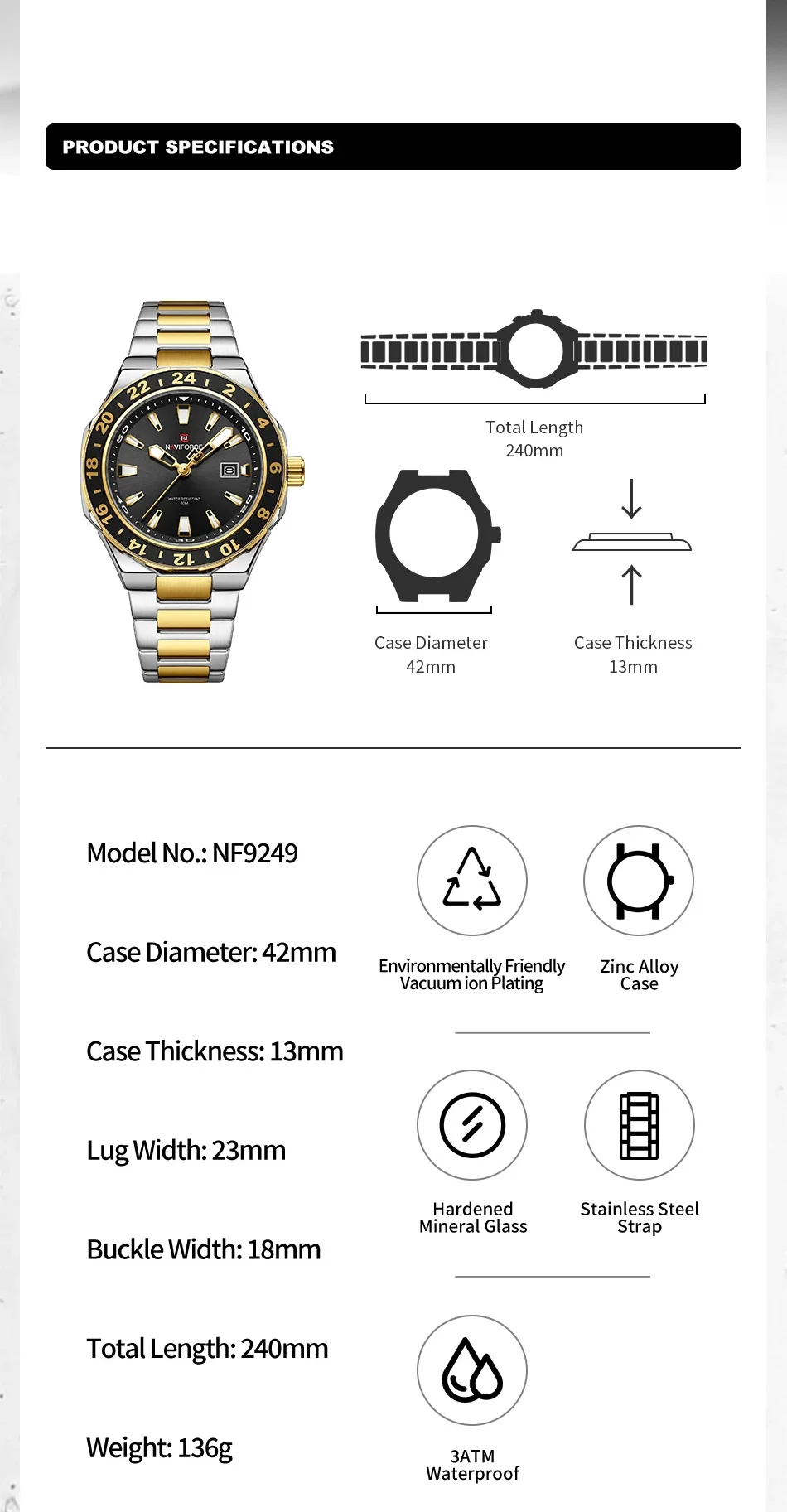 NAVIFORCE NF9249 Reloj luminoso con correa de acero inoxidable minimalista clásico con indicador de fecha de cuarzo informal para hombre