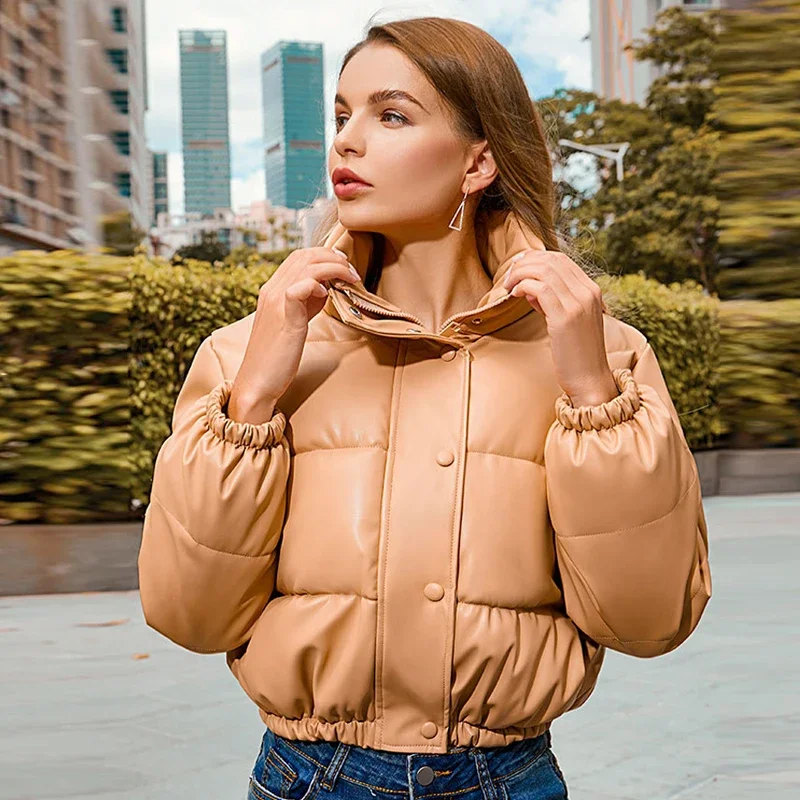 Winter Warm Thick PU Leather Coats Women Short Parkas Fashion Black Cotton Padded Lady Down Jacket Elegant Zipper Clothes 2024