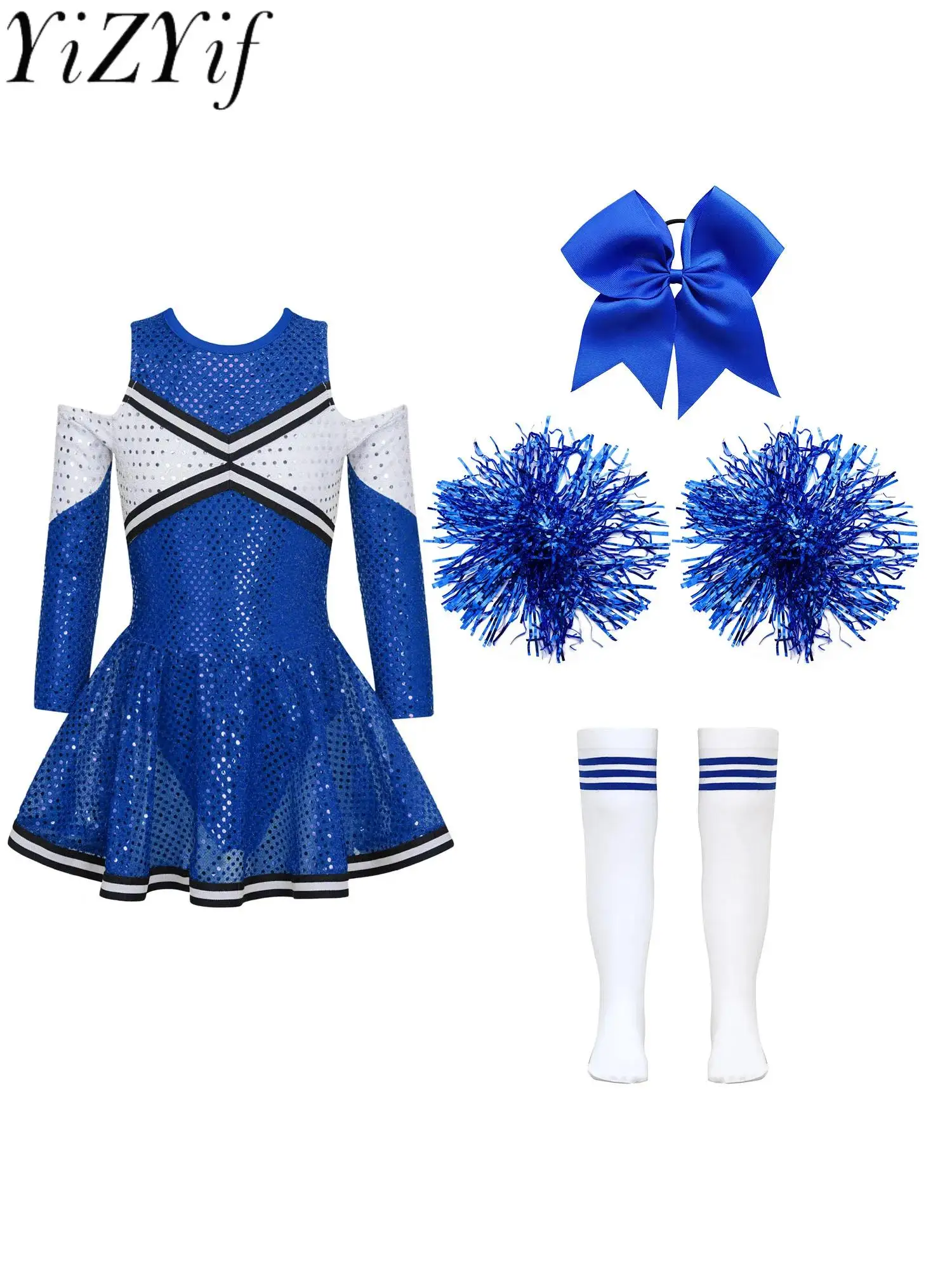 

Kids Girls Shiny Sequins Cheerleading Uniform Cheerleader Dance Stage Performance Costume Long Sleeve Off-shoulder Dancing Dress